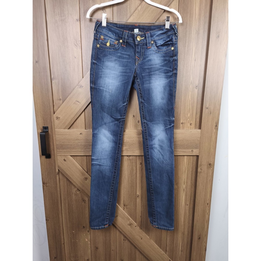 True‎ Religion Skinny Jeans Dark Wash Low Rise Horseshoe Flap Pocket Blue Denim